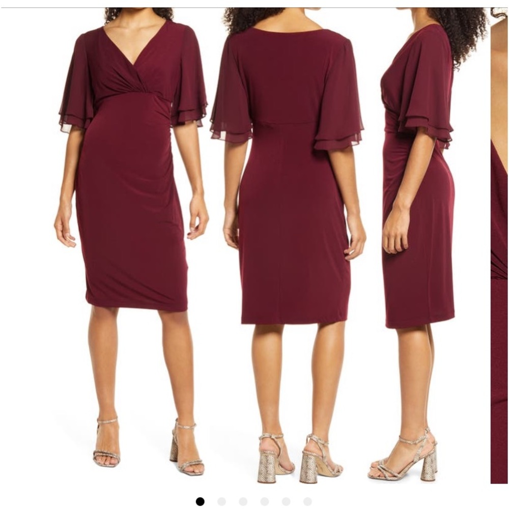 Women's V-Neck Burgundy Cocktail Dress with Flutter Sleeves